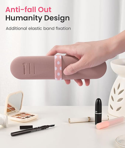 Travel Makeup Brush Holder, Silicon Trendy and Portable Cosmetic Face Brushes Holder, Make Up Organizer Bag Case, Cosmetic pouch,Toiletry Organizer (Khaki)