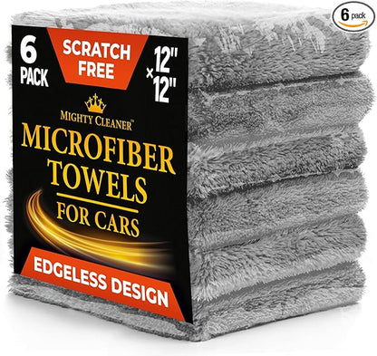 Super Soft Microfiber Towels for Cars - Edgeless - 6pk (12”x12”) - Premium Scratch-Free Towel - Great for Drying, Detailing, Polishing, Buffing - Ultra Absorbent Microfiber Cleaning Cloths for Car