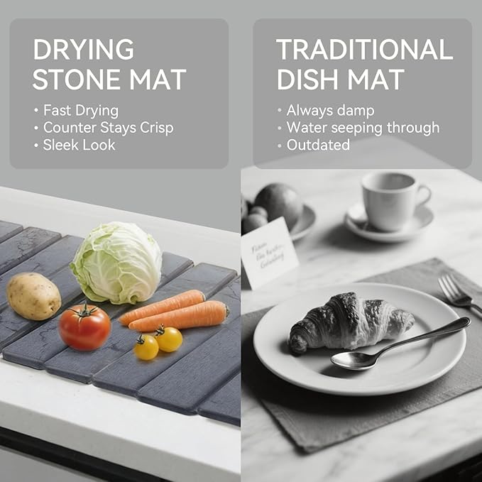 Stone Dish Drying Mat for Kitchen Counter, 24 x 16 inches, Fast Drying Collapsible Dish Drying Mat, Eco-Friendly Absorbent Diatomaceous Earth Mats for Dishes Bottles Cups (Dark Gray)
