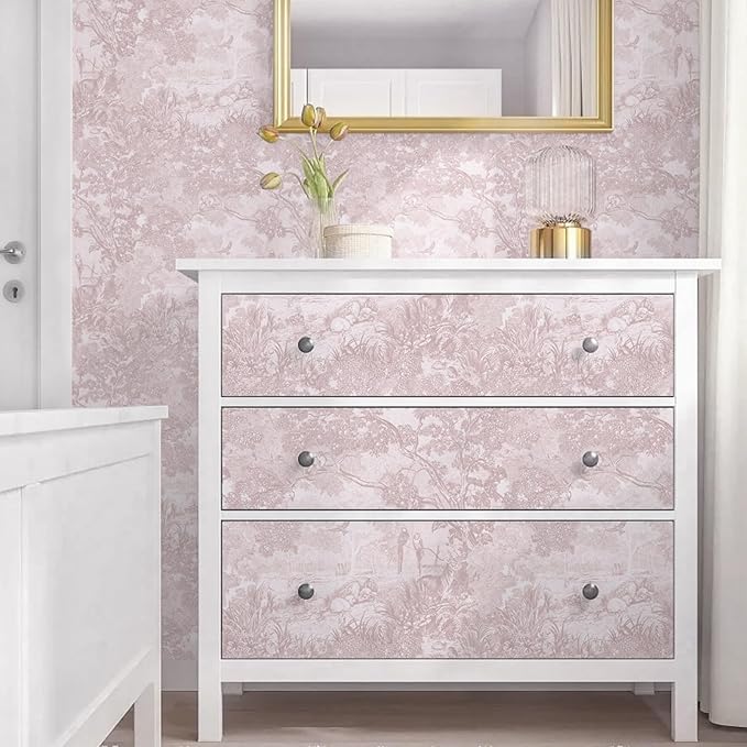 Ismoon Pink Peel and Stick Wallpaper Neutral Wall Paper 17.3in×16.4ft Vintage Removable Self-Adhesive Wallpaper Animals Jungle Contact Paper for Cabinets Bathroom Walls Covering Vinyl Roll