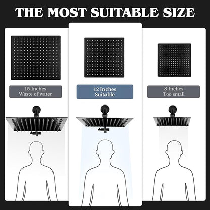 12 Inch Shower Head, Rain Shower Head with Adustable Extension Arm, Detachable Matte Black Rina Shower Head with Handheld Spray, High Pressure Shower Hose with Holder in Bathroom(Black)
