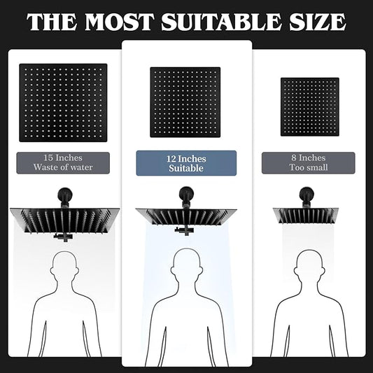 12 Inch Shower Head, Rain Shower Head with Adustable Extension Arm, Detachable Matte Black Rina Shower Head with Handheld Spray, High Pressure Shower Hose with Holder in Bathroom(Black)