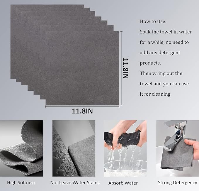 10 Packs Thickened Magic Cleaning Cloth, Microfiber Streak Free Miracle Cleaning Cloth,Reusable Glass Cleaning Rag,All-Purpose Microfiber Towels for Kitchens,Glass Cars,Window(20 * 30CM,Grey)