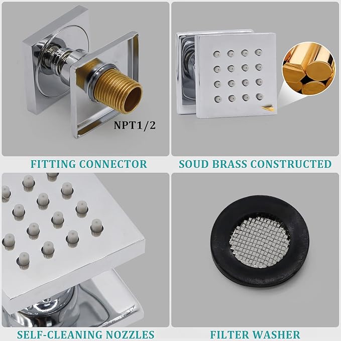 HOMEDEC 2inch Brass Shower Body Sprayer Jets Shower Head, Valve Needed (6pcs, Square-Chrome)
