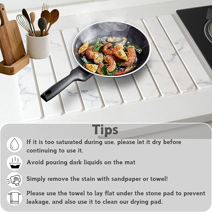 Dish Drying Mats, Large 24x16 Inch Diatomaceous Earth Drying Mat / Fast-Absorbing,Non-Slip Stone Drying Mat For Kitchen Counter / Eco-Friendly for Dishes (White Marble)