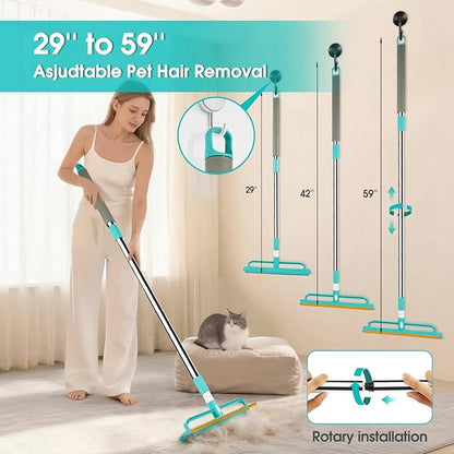 Carpet Rake for Pet Hair Removal, 2 in 1 Silicone and Copper Rake Teeth Carpet Rake with 59” Adjustable Long Handle, Reusable Pet Hair Remover Tool Kit with Carpet Scraper and Glove