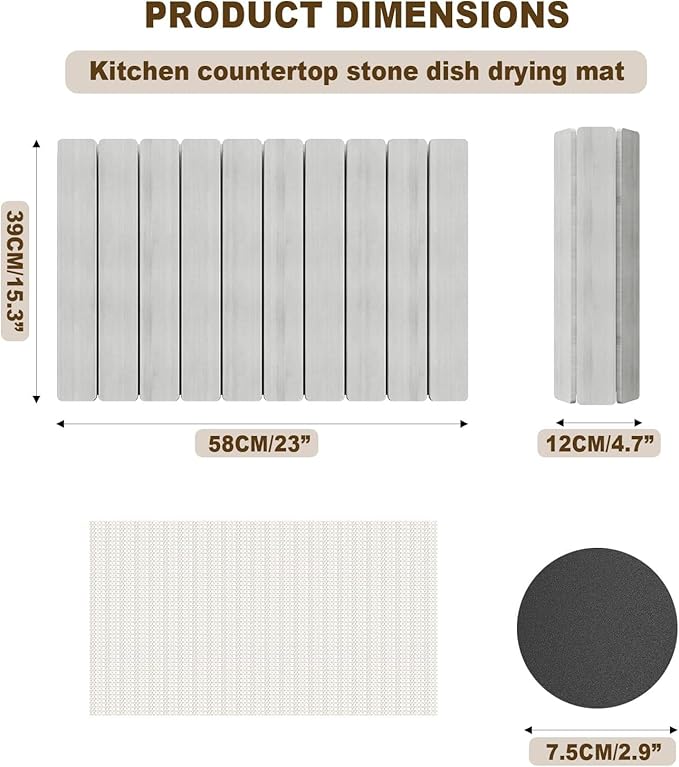 Stone Drying Mat for Kitchen Counter, Large Quick Dry Stone Mat, Collapsible Diatomaceous Earth Mats for Dishes Bottles Cups, Fits Any Countertop,23"×15.3",Light grey