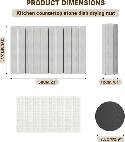 Stone Drying Mat for Kitchen Counter, Large Quick Dry Stone Mat, Collapsible Diatomaceous Earth Mats for Dishes Bottles Cups, Fits Any Countertop,23"×15.3",Light grey