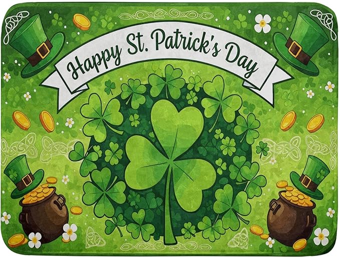 Happy St. Patrick's Day Dish Drying Mat 18 x 24 Inch With Absorbent Reversible Microfiber Spring Lucky Clover Shamrock Hat Drying Green Dish Drainer Mat Fast Dry For Kitchen Dining Room Decor