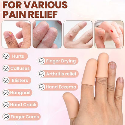 PAGOW 6 Pcs Gel Finger Cots/Covers, Silicone Finger Protector Support, Finger Caps Finger Sleeves Thumb Protector for Finger Cracking Trigger Finger Arthritis Pain Relief (Beige)