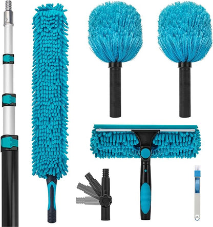 Cobweb Duster with 5-12 Ft Extension Pole, Spider Web Brush with Long Telescoping Pole for 20 Feet Reach, Window Cleaning Squeegee with Scrubber, High Ceiling Fan Dusters