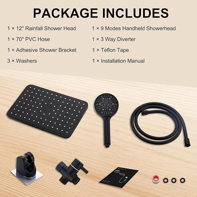 12 Inch Rain Shower Head High Pressure Dual Shower Heads Rainfall Showerhead with 9 Sprays Handheld Spray Combo & 70"Long Fixed Showerheads Hose, Matte Black Bathroom Accessories