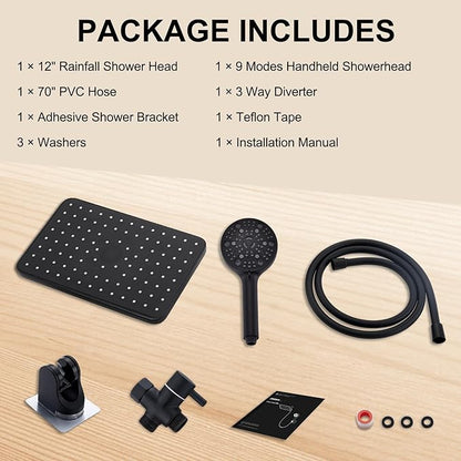 12 Inch Rain Shower Head High Pressure Dual Shower Heads Rainfall Showerhead with 9 Sprays Handheld Spray Combo & 70"Long Fixed Showerheads Hose, Matte Black Bathroom Accessories