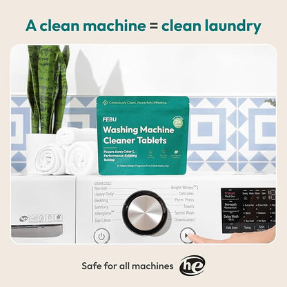 FEBU Washing Machine Cleaner Tablets Made in USA | Washer Machine Cleaner & Deodorizer | Removes Gunk & Grime | 7 Natural, Biodegradable, Plant-Based Ingredients | 24 Tablets - 12 Month Supply