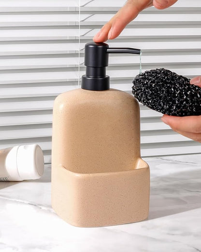 BosilunLife Dish Soap Dispenser - Linen Beige Ceramic Kitchen Soap Dispenser with Sponge Holder Matte Ceramic Soap Daddy Dispenser 20oz for Kitchen Soap Pump and Sponges Caddy