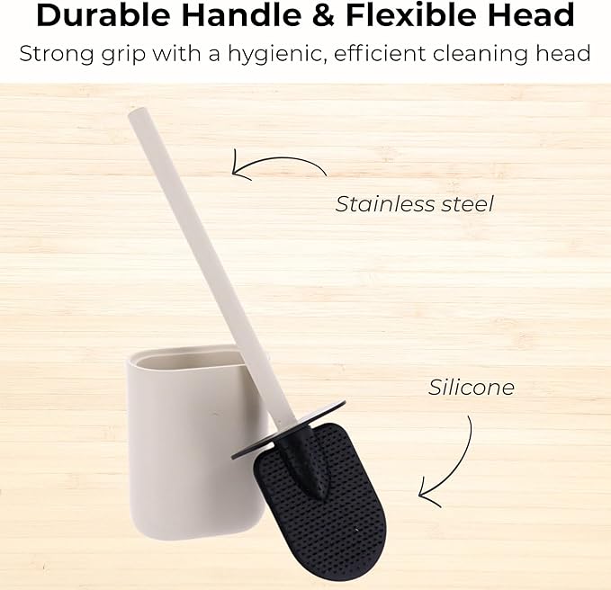 Oval Beige Toilet Brush and Holder Set - Minimalist Polyresin Base, Stainless Steel Handle, Silicone Head - Japandi Collection