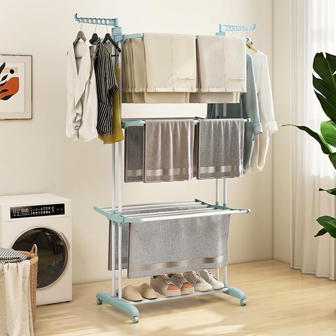 GOFLAME 4-Tier Clothes Drying Rack, Collapsible Clothes Horse Rack with Rotatable Side Wings and Foldable Shelves, Freestanding Garment Dryer Stand with Casters for Indoor and Outdoor Use, Blue