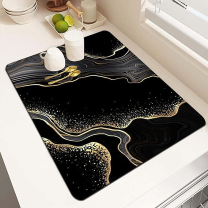 MCALK Marble Black Dish Drying Mat for Kitchen Counter, Marble Texture Dish Drying Pad with Anti-Slip Rubber Base, Absorbent Kitchen Sink Mat with Modern Art Decor (1 pc 18" x 16")