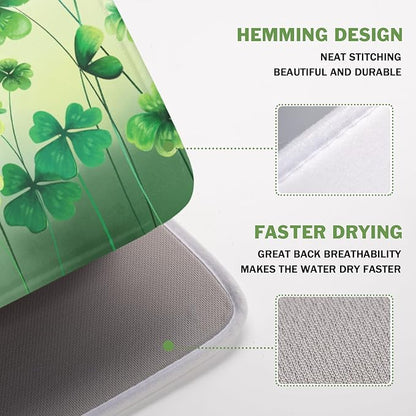 St Patrick's Day Dish Drying Mat for Kitchen Counter Green Lucky Shamrock Pattern Drying Mat 16x18 Inch Spring Holiday Absorbent Dish Drainer Mat Kitchen Accessories