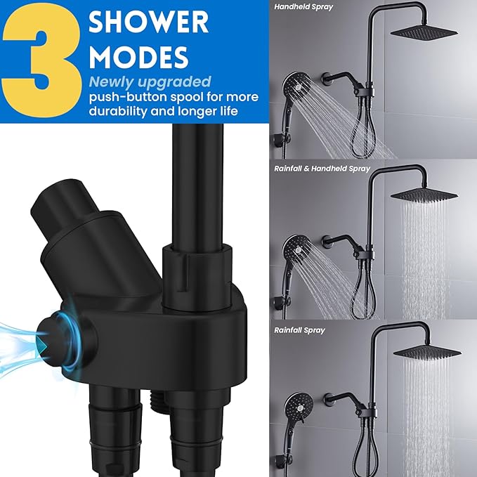 Ryamen Dual Shower Head Combo, 8'' High Pressure Rain Shower Head with Handheld Spray, 6 Settings Handheld Showerhead, 15" Height Adjustable Slide Bar, Angle Adjustable, Matte Black