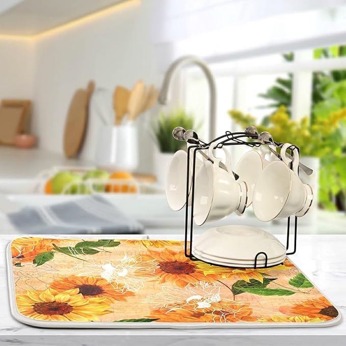 Super Absorbent Dish Drying Mat, Microfiber Fast-Drying Dish Mat, 16" x 18", Kitchen Dish Drying Pad, Watercolor Sunflowers
