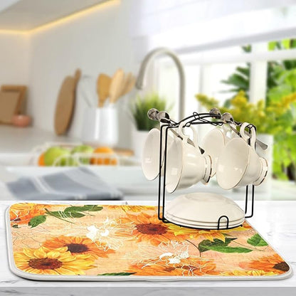 Super Absorbent Dish Drying Mat, Microfiber Fast-Drying Dish Mat, 16" x 18", Kitchen Dish Drying Pad, Watercolor Sunflowers