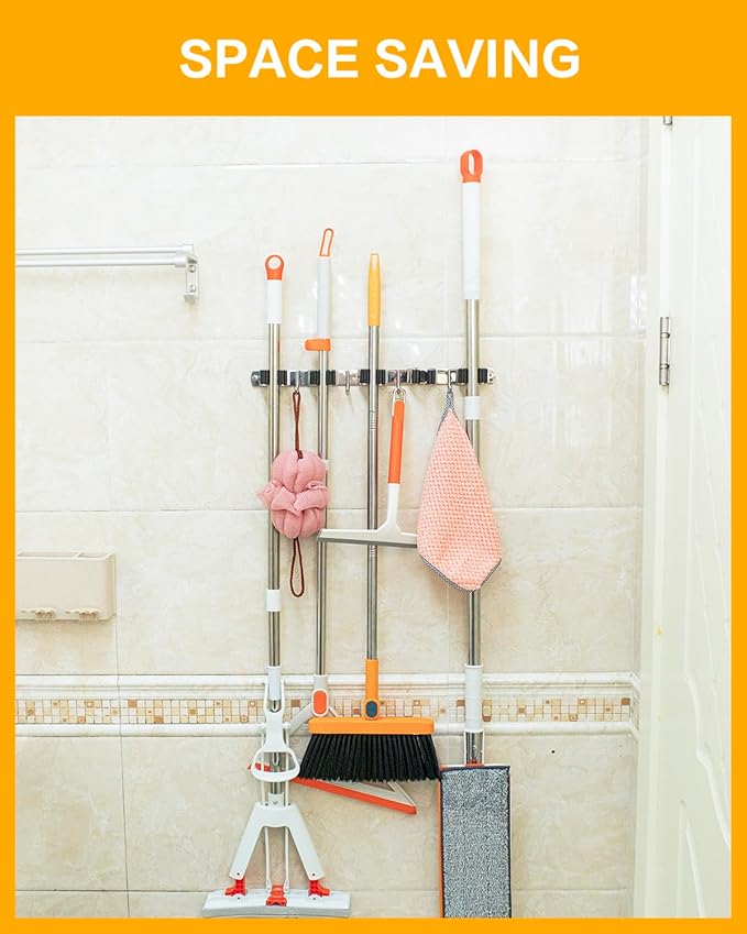2 Pack Broom Holder Wall Mount with 13" Heavy-duty Storage Strap Kit - 5 Slots & 4 Hooks Broom Mop Holder, Heavy Duty, Stainless Steel, for Laundry Room Garage Closet Organization