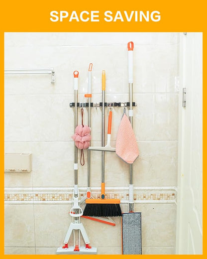 2 Pack Broom Holder Wall Mount with 13" Heavy-duty Storage Strap Kit - 5 Slots & 4 Hooks Broom Mop Holder, Heavy Duty, Stainless Steel, for Laundry Room Garage Closet Organization