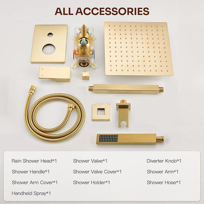 Ceiling Mount Shower Faucet Set, Gold Shower System with 10-Inch Rain Showerhead and Handheld Spray Combo, High-Pressure Showerheads Set with Valve and Trim Kit, Brushed Gold