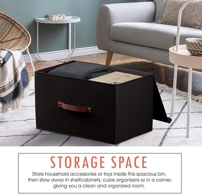 Ornavo Home 3 Pack Collapsible Storage Bins with Lid, Foldable Linen Fabric Shelf Storage Basket Closet Organizer and Large Storage Box for Clothes with Leather Handles, 15 x 10 x 9, Black