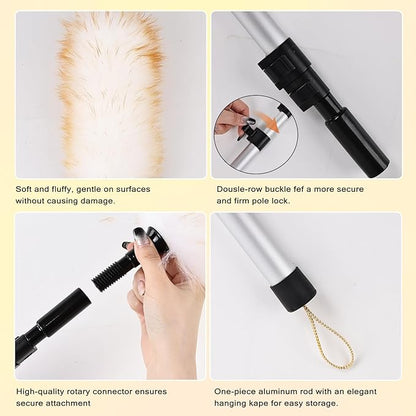 Lambswool Duster Extendable 31-55 Inch, Natural Electrostatic Feather Duster for Cleaning with Aluminum Extension Pole Reusable for High Ceilings, Fans, Blinds, Furniture, Interior & Roof Dusting