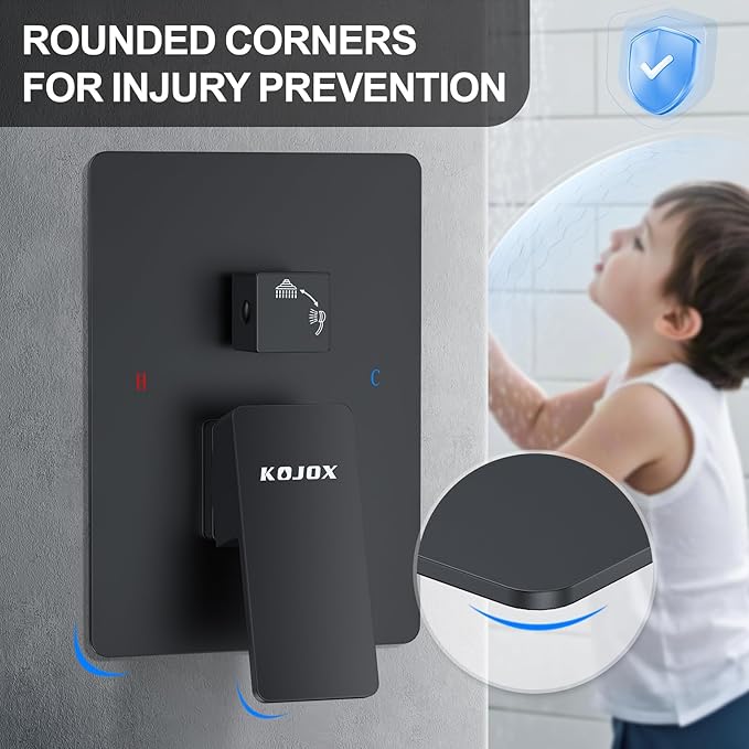 KOJOX 12 Inch Black Shower System with Rain Shower Head, Handheld Shower, Bathroom Luxury Mixer Combo Set, Wall Mounted Faucet Rough-in Valve and Trim Kit