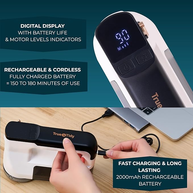 True & Tidy LED Turbo Fabric Shaver | Cordless Lint Remover with Digital Display & 3 Speeds – Perfect for Clothes, Couch & Furniture Defuzzing (White, Turbo)