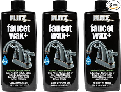 Flitz Faucet Wax Plus - 7.6oz Bottle of USA-Made, Water-Based Faucet Cleaner & Polisher for Water Stains, Fingerprints, & More - Metal Wax for Bronze, Nickel, Chrome, Brass - Granite Polish (3 Pack)