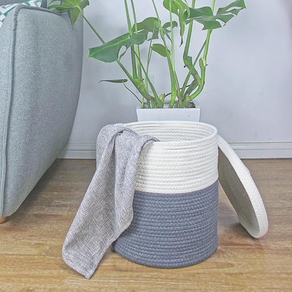 Yimi's Dream Storage Basket with Lid, Small Lidded Cotton Rope Storage Bins for Organizing, Cute Woven Round Covered Laundry Baskets (White & Grey, 12D x 13.5H Inches)