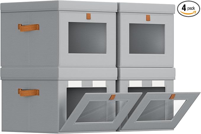 Storage Bins with Lid – Closet Organizer with Side Opening and Clear Window, Foldable Stackable Fabric Basket for Clothes, Home, Office - 13.77" x 11.8" x 9.8", 4 Pack, Grey