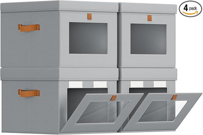 Storage Bins with Lid – Closet Organizer with Side Opening and Clear Window, Foldable Stackable Fabric Basket for Clothes, Home, Office - 13.77" x 11.8" x 9.8", 4 Pack, Grey