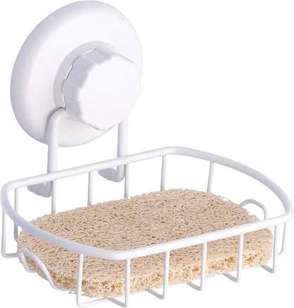 HASKO Suction Cup Soap Dish for Shower Wall, Rustproof Stainless Steel, Shower Soap Holder with Hooks for Bathroom, Includes Optional No Drill Adhesive Mount and Soap Saver, White