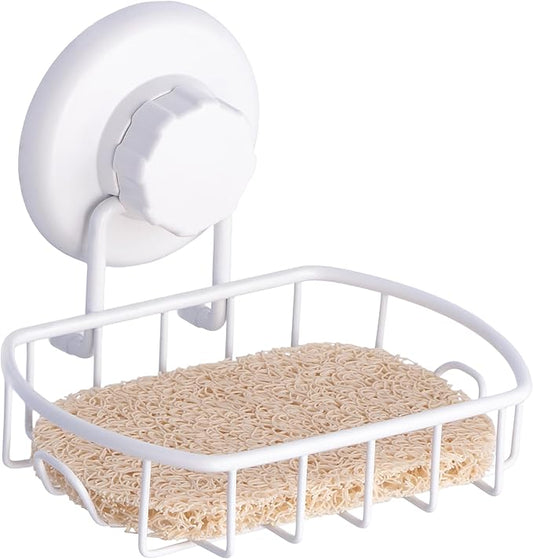 HASKO Suction Cup Soap Dish for Shower Wall, Rustproof Stainless Steel, Shower Soap Holder with Hooks for Bathroom, Includes Optional No Drill Adhesive Mount and Soap Saver, White