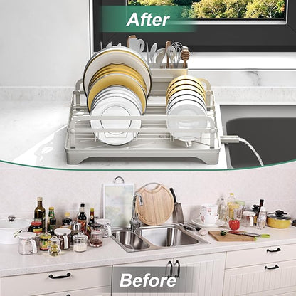 Dish Drying Rack,Dish Racks for Kitchen Counter,Metal Dish Drainer with Adjustable Drainage Spout,Removable Knife and Fork Holder (Grey)