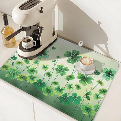 St Patrick's Day Dish Drying Mat for Kitchen Counter Green Lucky Shamrock Pattern Drying Mat 18x24 Inch Spring Holiday Absorbent Dish Drainer Mat Kitchen Accessories