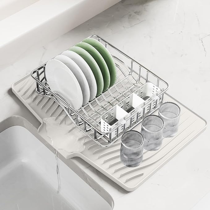 Large Premium Silicone Dish Drying Mat for Kitchen Counter - 18.5"x13" Non-Slip, Heat-Resistant (450°F) with Fast Drain & Hanging Hole, Multi-Use Kitchen Sink Drying Mat (Cream White)
