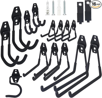 16 Pack Steel Heavy Duty Garage Hooks Storage Hooks with Anti-Slip Coating, Utility Garage Wall Mount Hanger and Organizer for Sheds, Bikes, Ladder, Rope, Broom, Shovel, Garden Power Tools, and Cords