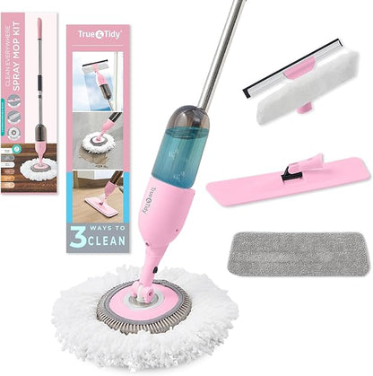 True & Tidy® Clean Everywhere Spray Mop Kit with 3 Interchangeable Heads & Refillable Tank - Flat, Round, Squeegee (Pink)