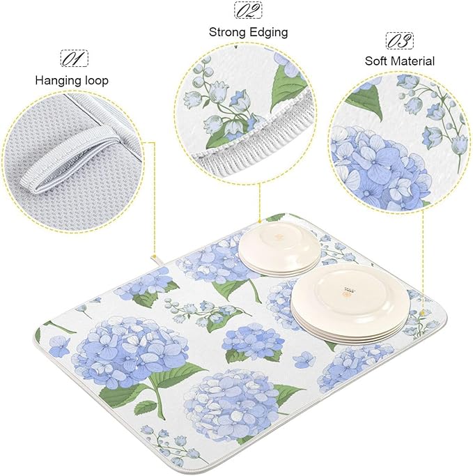 Blue Hydrangea Flowers Dish Drying Mat Super Absorbent Drying Mat Large Coffee Mat for Kitchen Counter Easy Clean Dish Mat Kitchen Drying Matt 18x24 inch