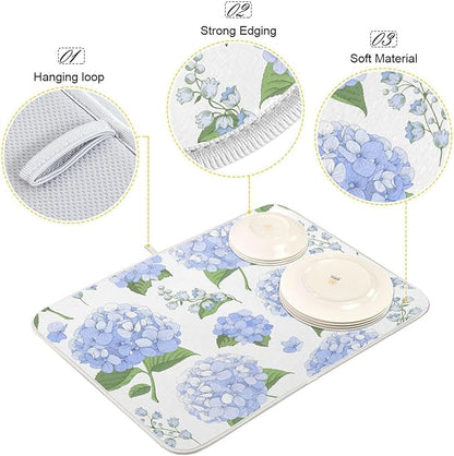 Blue Hydrangea Flowers Dish Drying Mat Super Absorbent Drying Mat Large Coffee Mat for Kitchen Counter Easy Clean Dish Mat Kitchen Drying Matt 18x24 inch