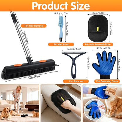 Carpet Rake for Pet Hair Removal, 5 in 1 Reusable Pet Hair Removal Tool Kit, Cat & Dog Hair Carpet Rake, Adjustable Long Handle Pet Hair Removel Tool, Pet Hair Broom for Carpet, Rugs, Mats, Furniture