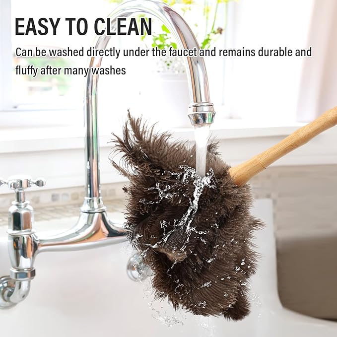 Feather Duster, Ostrich Feather Duster 16 Inch, Fluffy, Reusable, Eco-Friendly Natural Ostrich Feathers with Wooden Handle for Home, Car, and Office Cleaning(16 in)