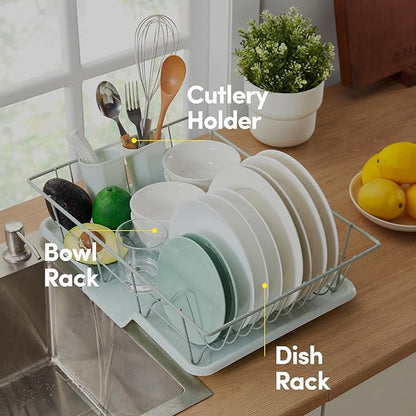 Sweet Home Collection Space-Saving 3-Piece Dish Drainer Rack Set: Efficient Kitchen Organizer for Quick Drying and Storage - Includes Cutlery Holder and Drainboard - Maximize Countertop Space, Mint