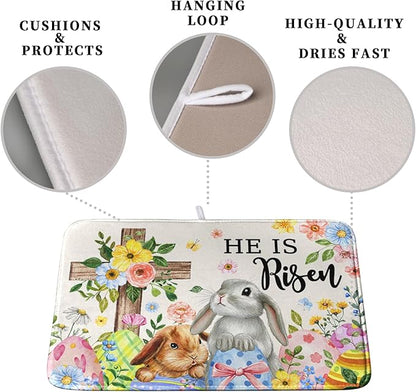 He is Risen Easter Dish Drying Mat for Kitchen Counter Bunny Floral Cross Dish Drainer Mats Spring Rabbit Flowers Egg Dish Drying Pads Absorbent Microfiber Reusable Dish Rack Mat 18x24 Inch